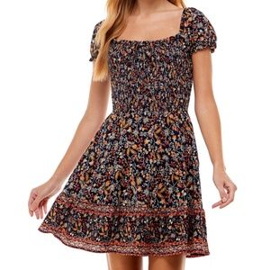 fall autumn smocked puff sleeve dress xs fit and flare city studio macys